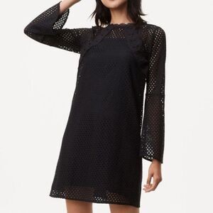 Ann Taylor Loft Black Lace Bell Sleeve Mini Dress flattering women’s 4 eyelet